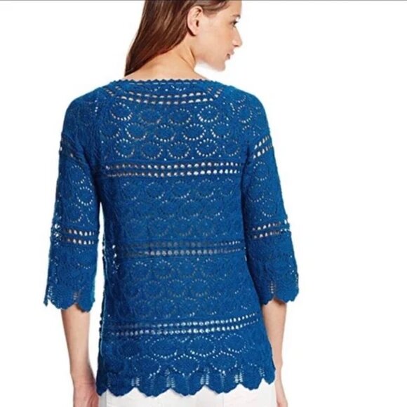 Lucky Brand Blue Crochet Boho 3/4 Sleeve Top with Tassel Tie - Picture 4 of 4